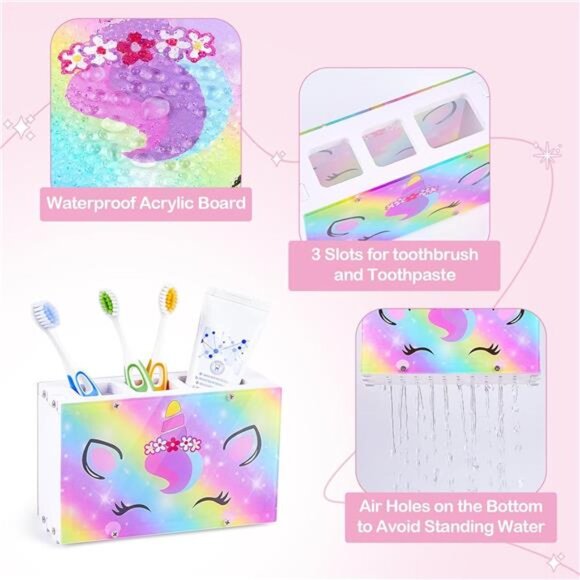 Kids Toothbrush Holder Bathroom Organizer 3 Slot Toothpaste Storage Unicorn Merm - Picture 5 of 7